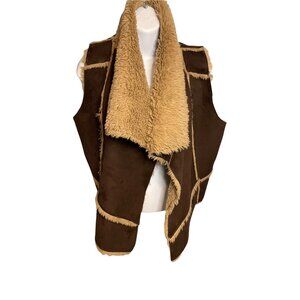 Olive & Oak Womens Brown Faux Suede Sherpa Open Front Vest Size S